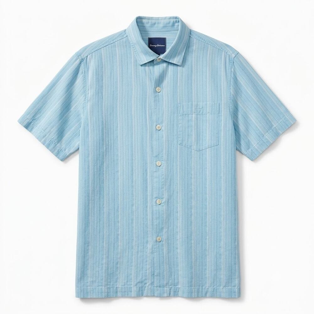 TOMMY BAHAMA 100% Silk Hawaiian Camp Shirt Blue Striped Vacation Mens Medium